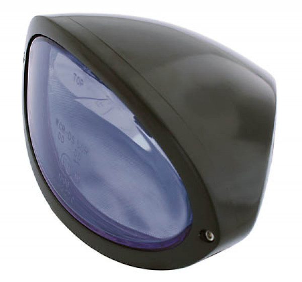 HIGHSIDER headlight IOWA, oval - black/ blue glass - lower mounting, H4, 12 V 60/55W E-approved (1 piece)