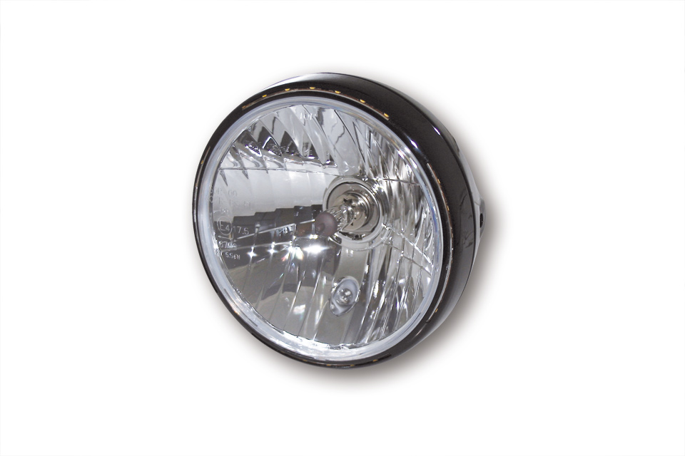 SHIN YO Faro da 7 pollici RENO 2 con luce di posizione a LED nell'anello della lampada, alloggiamento in metallo, vetro trasparente (riflettore prismatico), rotondo, montaggio laterale, omologazione E