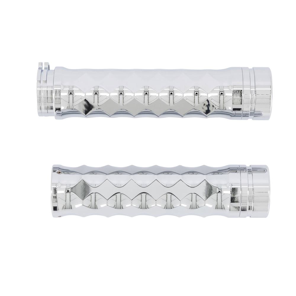 Fundas de manillar Highway Hawk "Diamonds chrome" para manillares de 1" (25,40 mm) con soporte de cable de acelerador - con tapas de extremo desmontables