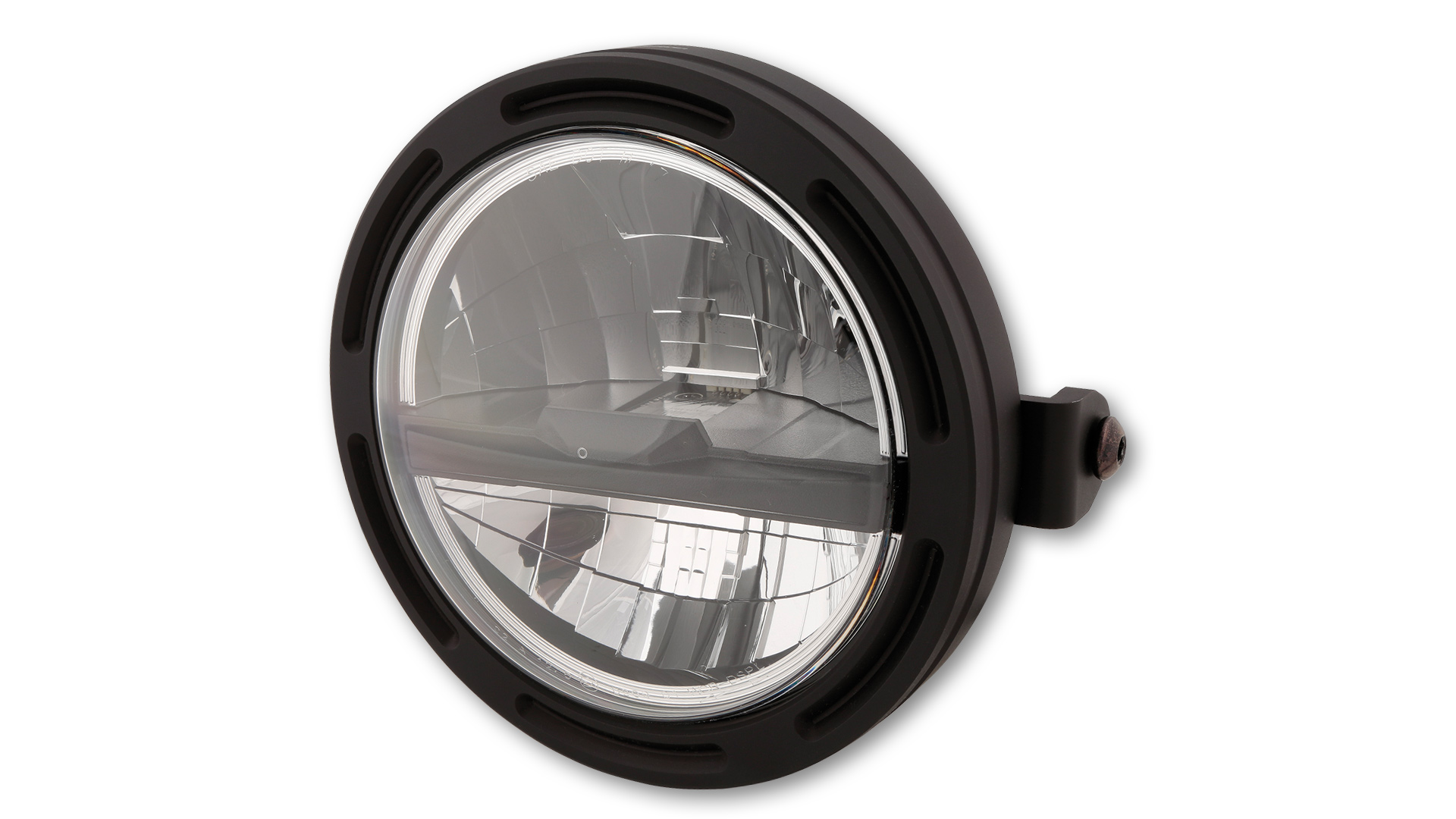 5 3/4 pulgadas Faro principal LED FRAME-R2 TIPO 5 con función de luz de estacionamiento, redondo con reflector cromado, bisel negro y cristal transparente. Disponible con montaje lateral o inferior, E-approved.