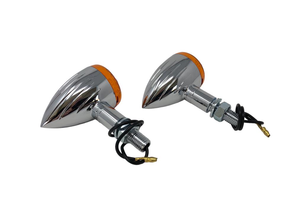 Highway Hawk Turn signals Set "Tech Glide small Grooved" chrome - with E-Mark M10 mounting 12V21W / with amber lens (2 Pcs)