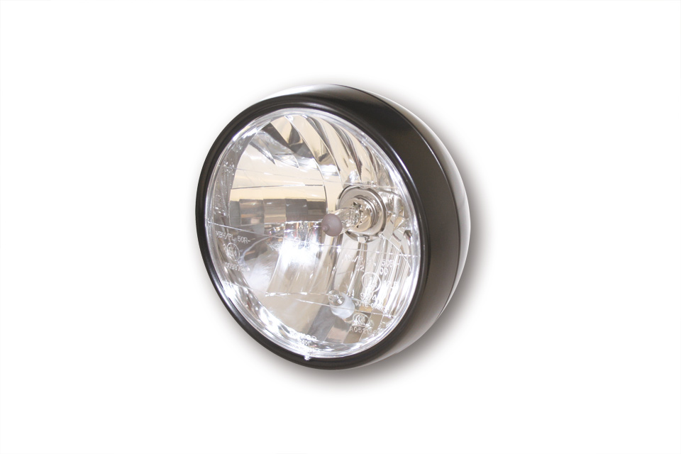 Phare SHIN YO, 6 1/2 pouces avec fixation inférieure, boîtier métallique noir satiné, réflecteur en verre transparent avec feu de position, homologué E.