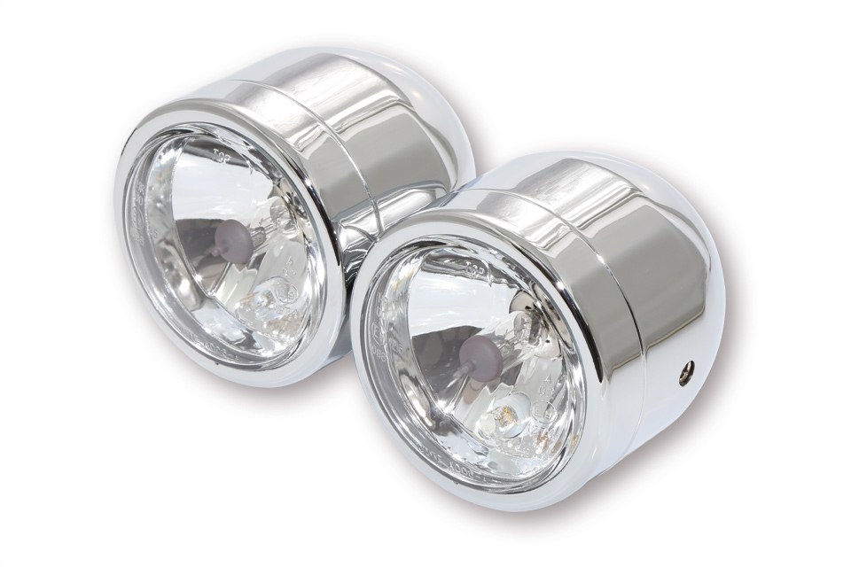 SHIN YO set with 2 high beam headlights, 2x H4 12V 55/60W, high beam only, E-approved chrome-plated