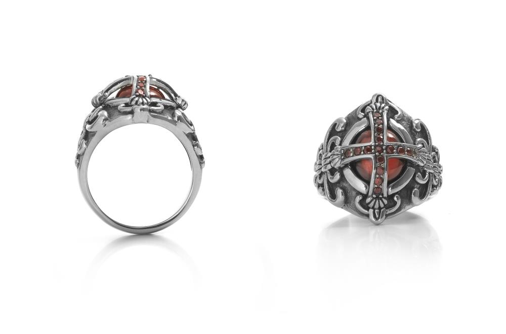 Highway Hawk Ring Signet Ring "Cross Diamonds Red" Stainless Steel Polished