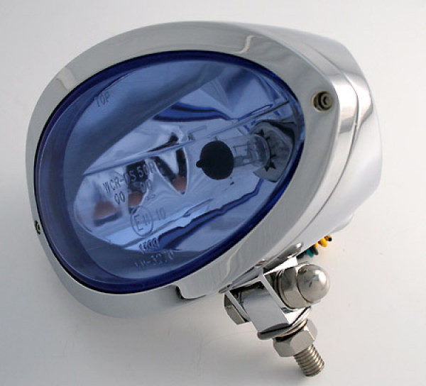 HIGHSIDER headlight IOWA, oval - chrome/ blue glass - lower mounting, H4, 12 V 60/55W E-approved (1 piece)