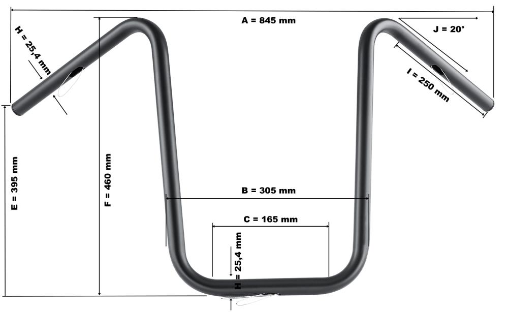 Highway Hawk Handlebar "Bad Hawk" 845 mm wide 370 mm high for "1" (25,4 mm) clamping with 3 holes dull black TÜV