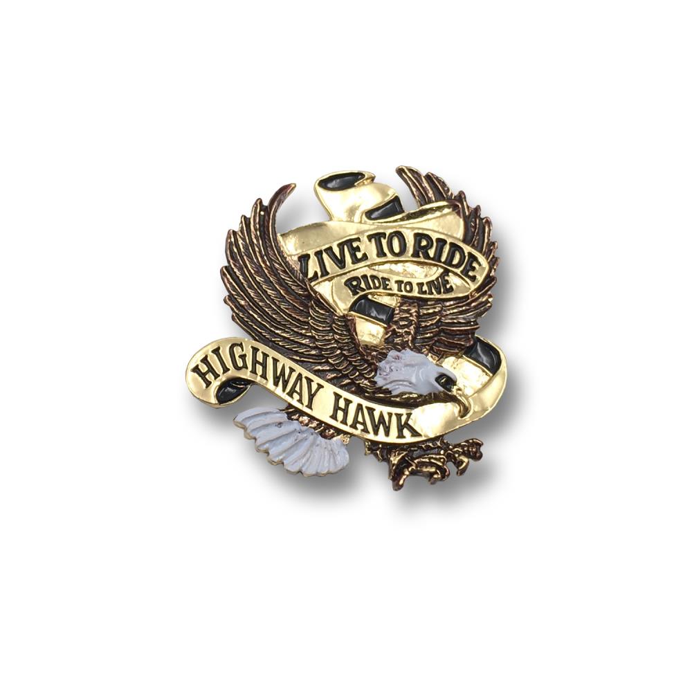 Emblema Highway Hawk "Eagle Live to Ride" en oro de 8 cm de ancho para pegar en