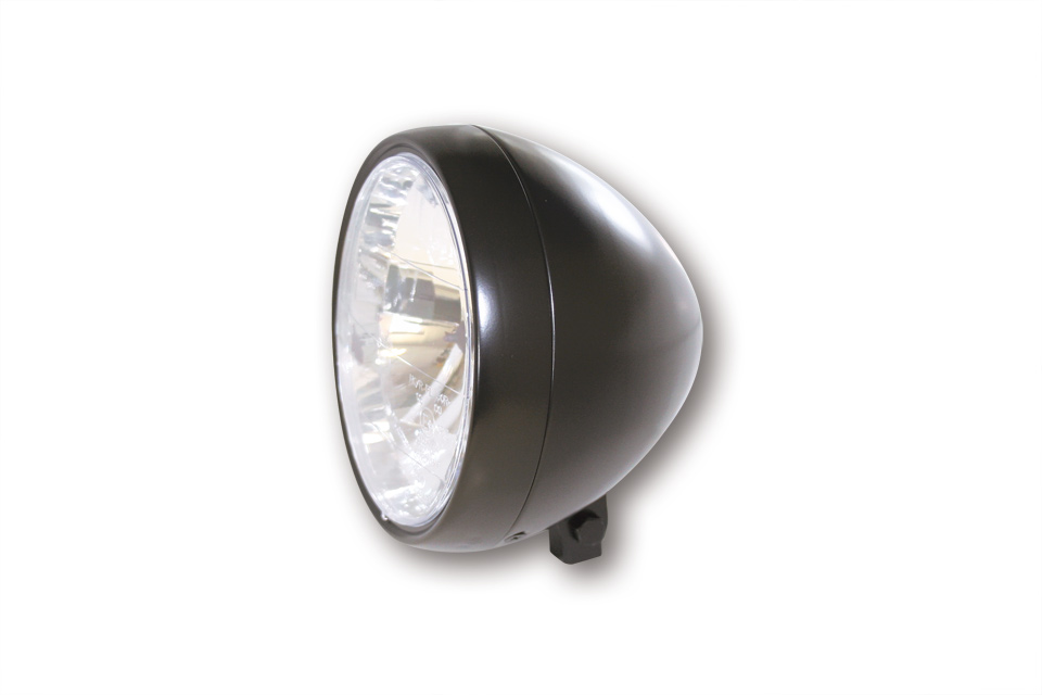 SHIN YO headlight, 6 1/2 inch with lower mounting, satin black metal housing, clear glass reflector with parking light, E-approved.