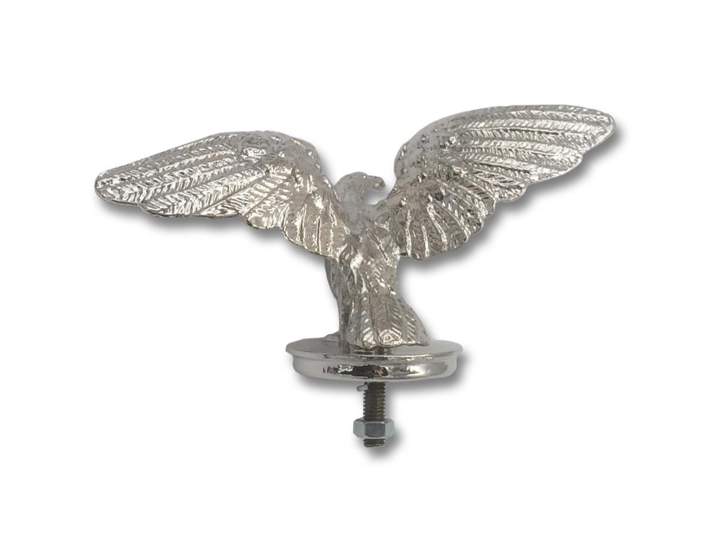Ornamento per moto "Standing Hawk Wide Wings" alto 6 cm in cromo