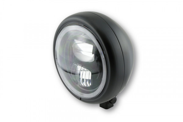 Highway Hawk Highsider 5 3/4 inch LED headlight PECOS TYPE 7 nero con anello luce di parcheggio, montaggio inferiore, omologato E (1 pezzo)