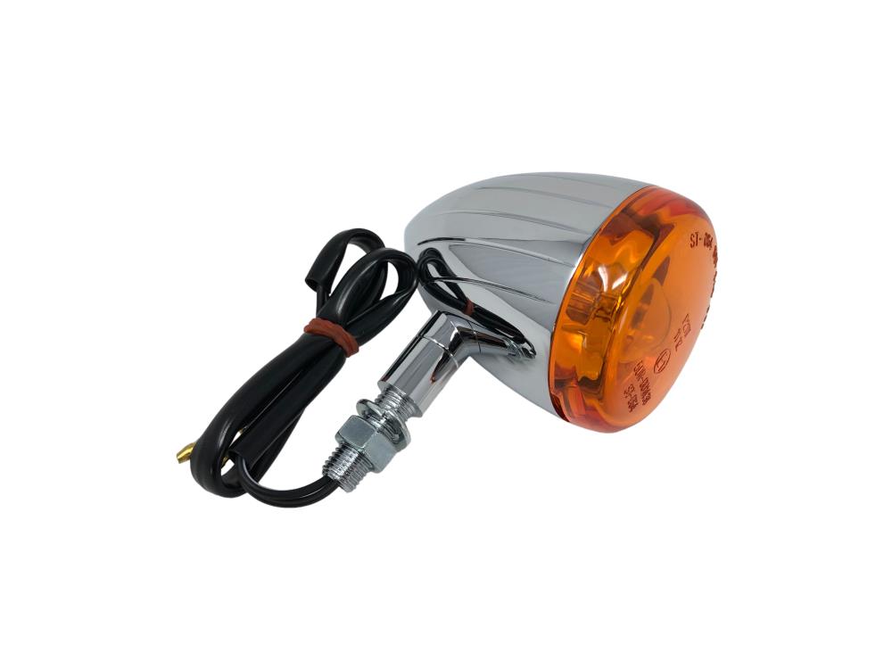 Highway Hawk Turn signal "Tech Glide large grooved" chrome with E-mark with Amber lens / M10 mounting 12V21W (1 Pc)