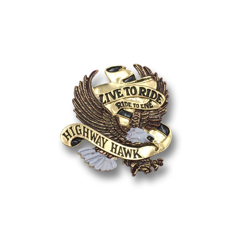 Emblema Highway Hawk "Eagle Live to Ride" en dorado de 4 cm de ancho para pegar en