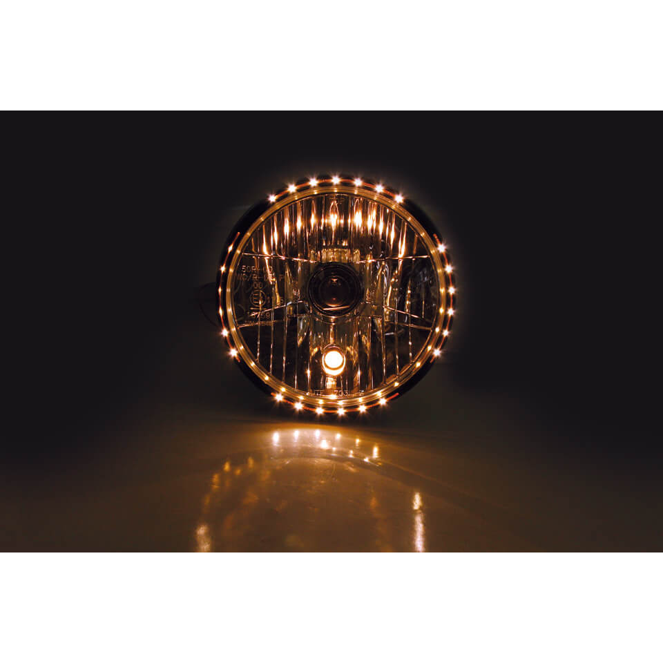 SHIN YO Faro de 7 pulgadas RENO 2 con luz de posición LED en el anillo de la lámpara, carcasa metálica, cristal transparente (reflector prismático), redondo, montaje lateral, homologado E