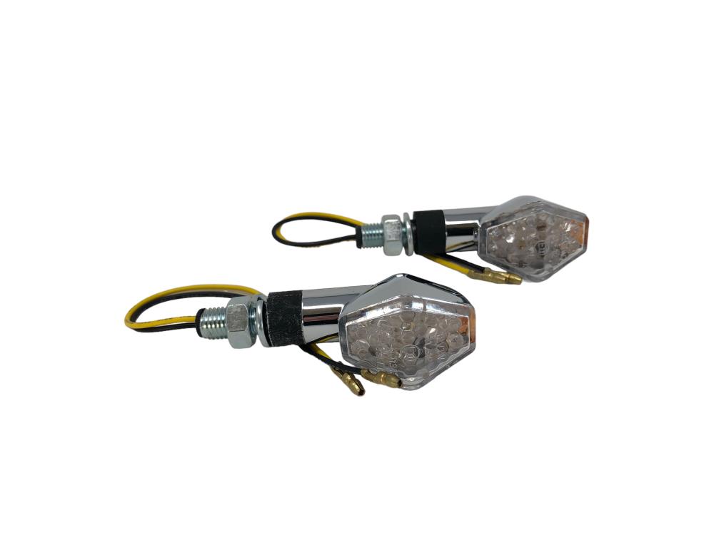 Highway Hawk Turn signal set LED "Hexagon"  in Chrome E-mark M10 mounting Short stem (2 Pcs)