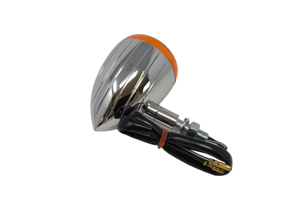 Highway Hawk Turn signal "Tech Glide large grooved" chrome with E-mark with Amber lens / M10 mounting 12V21W (1 Pc)