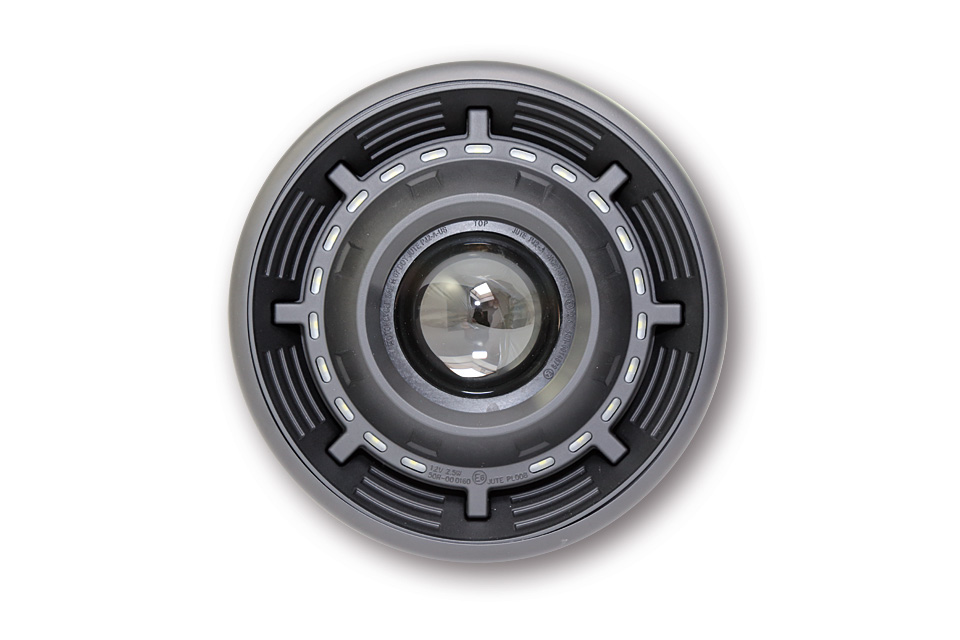 SHIN YO phare ellipsoïdal CYCLOPS avec diaphragme électronique pour feux de croisement et de route, feu de position LED circulaire, boîtier métallique noir mat, rond, fixation latérale, homologué E