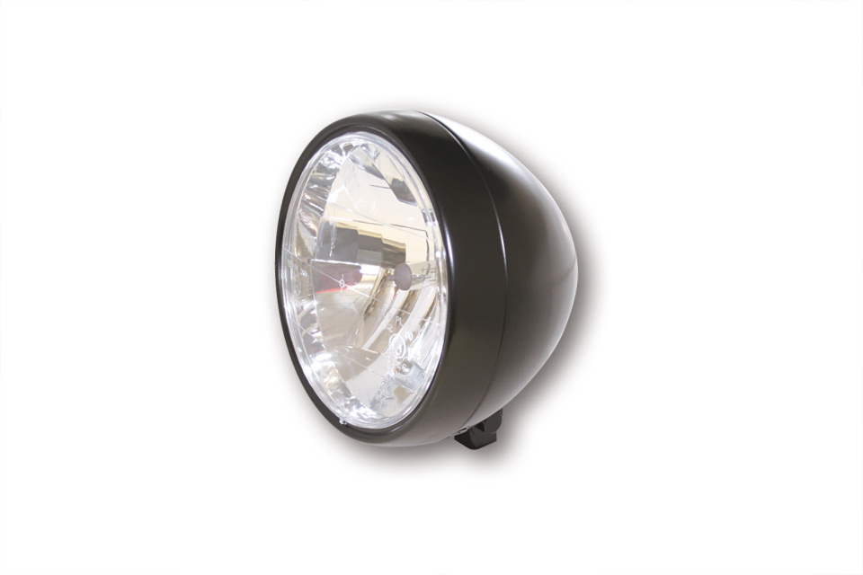 SHIN YO headlight, 6 1/2 inch with lower mounting, satin black metal housing, clear glass reflector with parking light, E-approved.