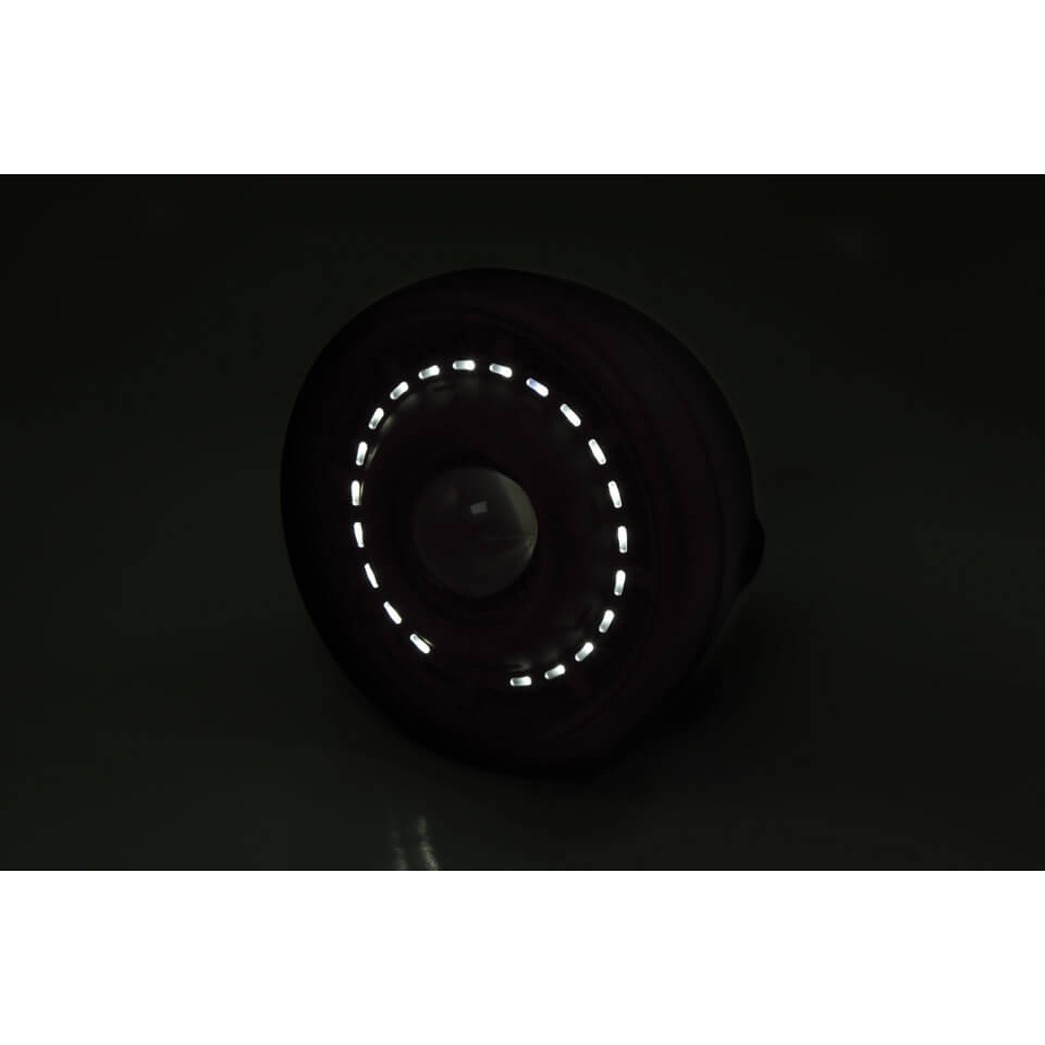 Proiettore ellissoidale SHIN YO CYCLOPS con lente elettronica per anabbaglianti e abbaglianti, luce di posizione LED ad anello, alloggiamento in metallo nero opaco, rotondo, montaggio laterale, omologazione E