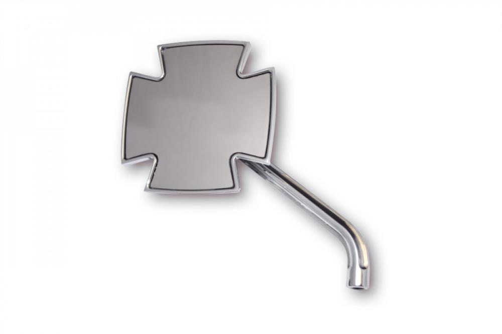 Highway Hawk HIGHSIDER mirror IRON CROSS chrome aluminum, for HD models - including extra adapter for Harley Davidson and for Yamaha - E-tested (1 set)