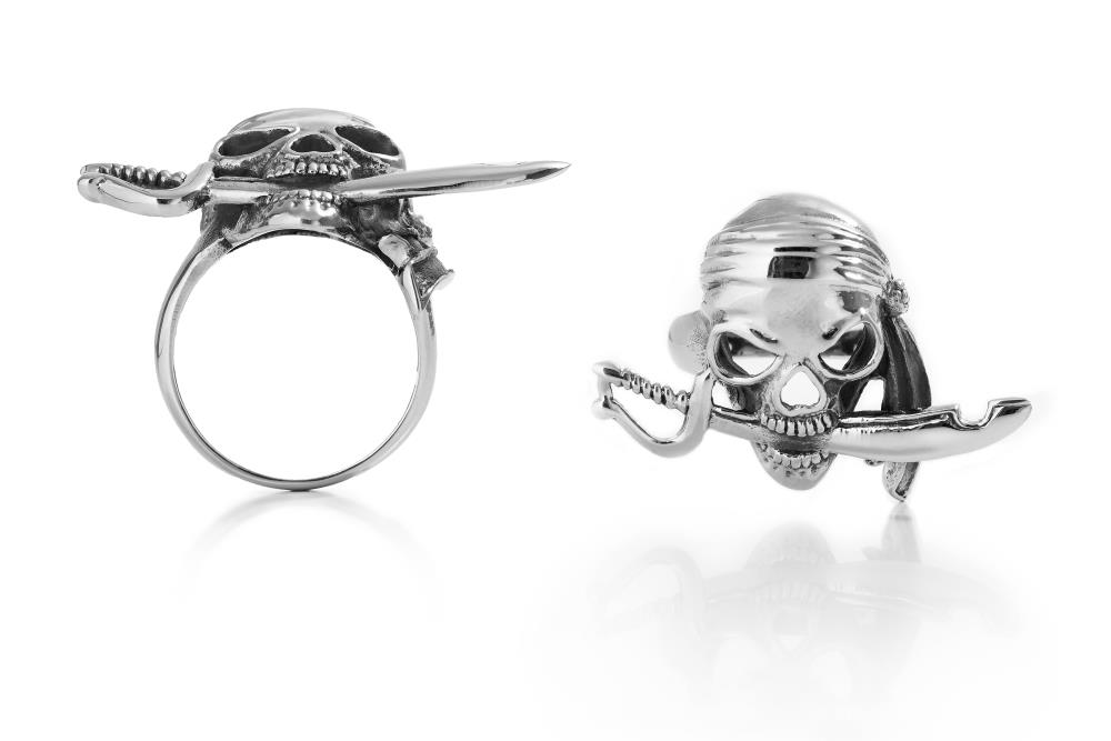 Highway Hawk Ring Signet Ring "Skull Pirate with Sword" Stainless Steel Polished