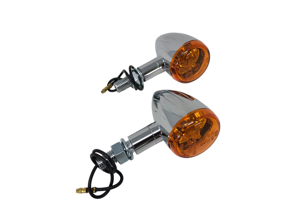 Highway Hawk Turn signals Set "Tech Glide small Grooved" chrome - with E-Mark M10 mounting 12V21W / with amber lens (2 Pcs)