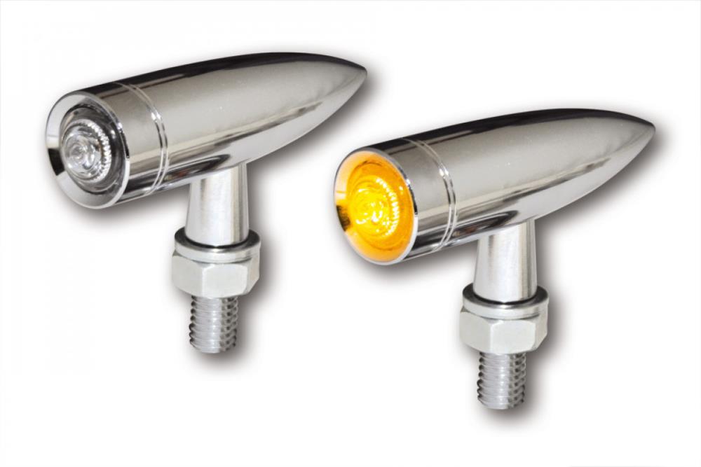HIGHSIDER LED Turn Signal "MONO BULLET LONG" chrome clear glass- metal housing- E-approved (1 set)