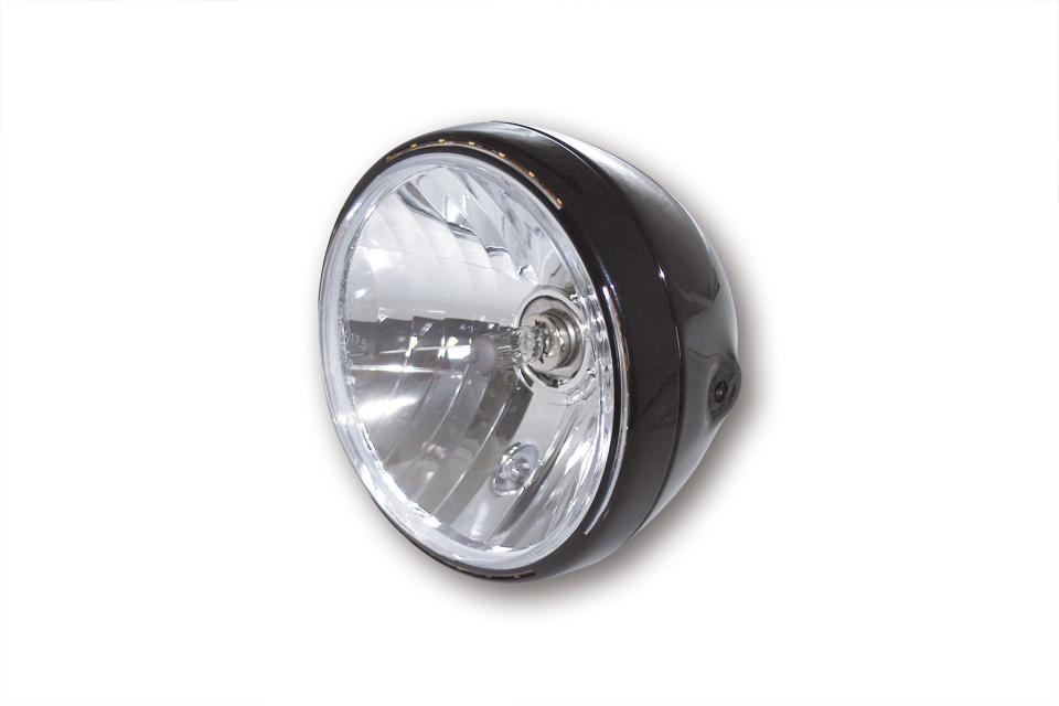 SHIN YO 7-inch headlight RENO 2 with LED position light in lamp ring, metal housing, clear glass (prismatic reflector), round, side mounting, E-approved