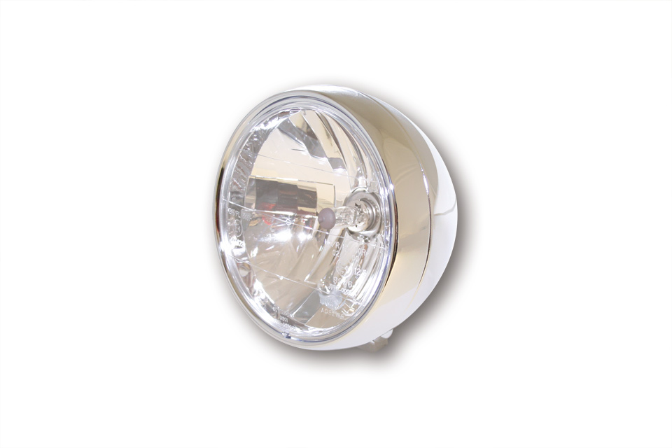 SHIN YO headlight, 6 1/2 inch with lower mounting, chrome-plated metal housing, clear glass reflector with parking light, E-approved.