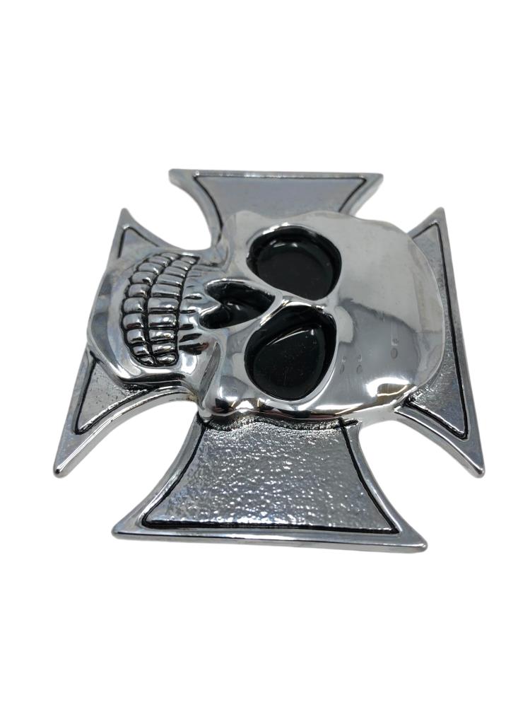 Emblema Falco Autostradale "Croce di Ferro con Teschio" in cromo largo 7,5 cm da applicare