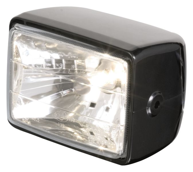 Rectangular headlamp, side mounting, H4 12V 60/55W, ABS, black, E-marked