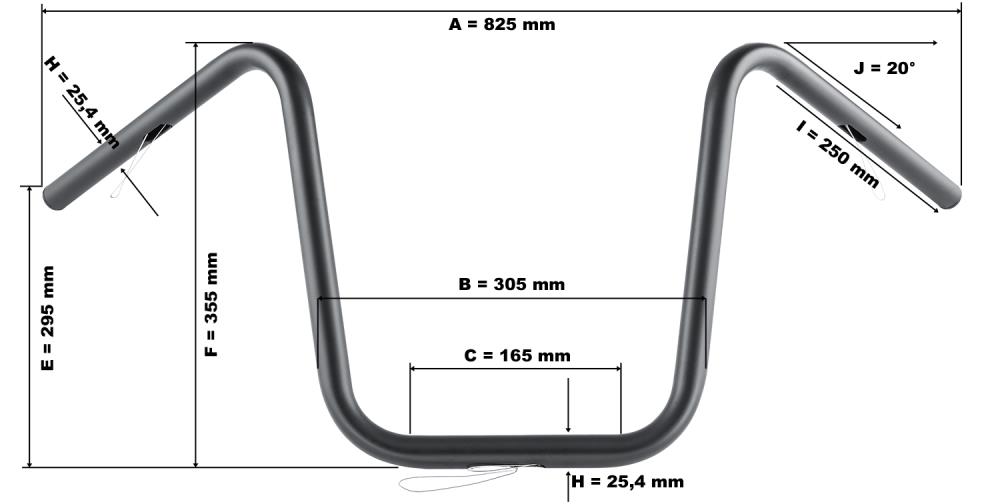 Highway Hawk Handlebar "Bad Hawk" 825mm wide 335 mm high for "1" (25,4 mm) clamping with 3 holes dull black TÜV